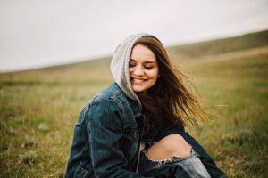 Happy Grass Model Denim Woman Person